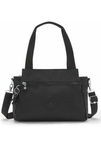 Schwarze Stoffhandtasche mit kurzen und langen verstellbaren Trägern, einer Vorderreißverschlusstasche und einem eingeprägten Logo an der Seite. Glatte Textur und schlichtes Design.