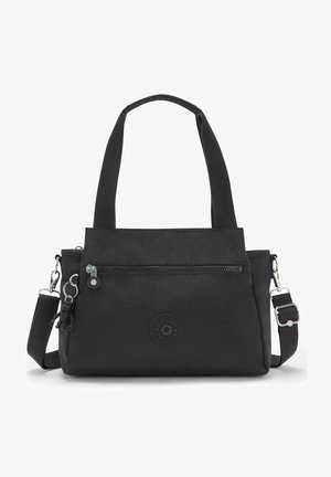 Black fabric handbag with short and long adjustable straps, front zipper pocket, and embossed logo on the side. Smooth texture and simple design.