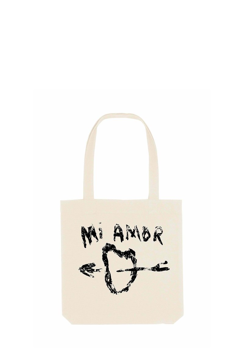 Borsa a tracolla in tela color crema, con un design grafico nero che presenta il testo "Mi Amor" e un cuore attraversato da una freccia.