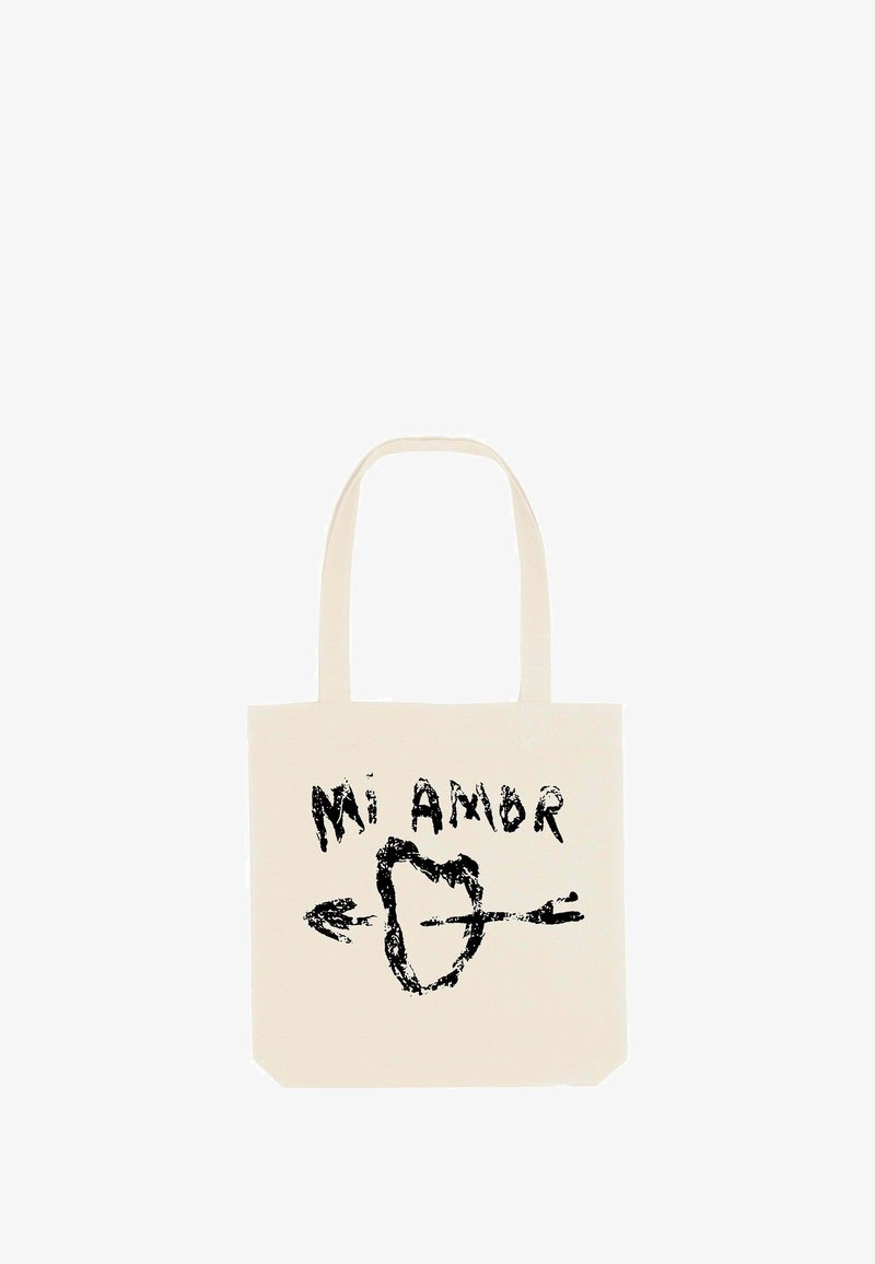 Borsa a tracolla in tela color crema, con un design grafico nero che presenta il testo "Mi Amor" e un cuore attraversato da una freccia.