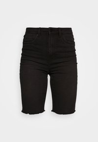 Pantalones cortos de mezclilla negros con cintura alta, dobladillo deshilachado y diseño de cinco bolsillos. Presenta un cierre de cremallera y botón, textura suave.