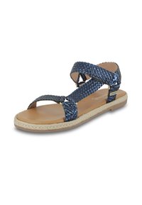 Sandal con tomaia sintetica blu intrecciata, con cinturini incrociati, soletta in cuoio naturale e suola avvolta in juta. Design piatto per un uso casual.