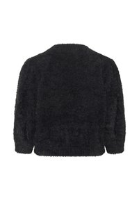 Zwarte, fuzzy trui met een ronde halslijn en lange mouwen. De textuur van de stof heeft een zachte, pluizige oppervlakte en een ribbelachtige zoom.