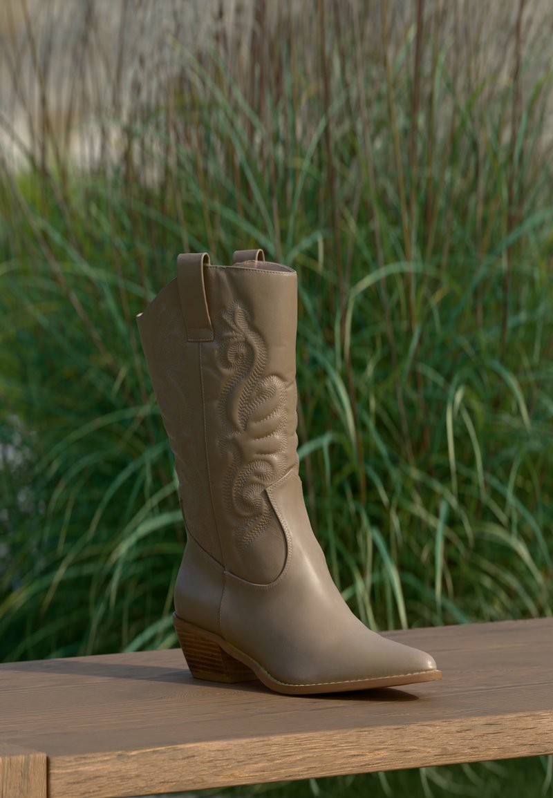 Ταμπά δερμάτινη καουμπόικη μπότα με κεντητό σχέδιο και ξύλινο τακούνι τοποθετημένη σε ξύλινη επιφάνεια με φόντο πράσινο φυτό.
