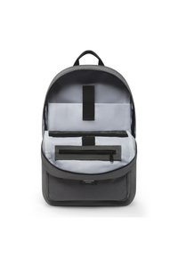Gray backpack with a sleek design, featuring a zippered pocket, internal compartments, and a smooth, nylon texture.