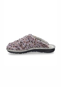 Pink and gray patterned wool slippers with an open back and light gray felt trim, featuring a textured surface and black rubber sole.