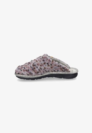 Pink and gray patterned wool slippers with an open back and light gray felt trim, featuring a textured surface and black rubber sole.