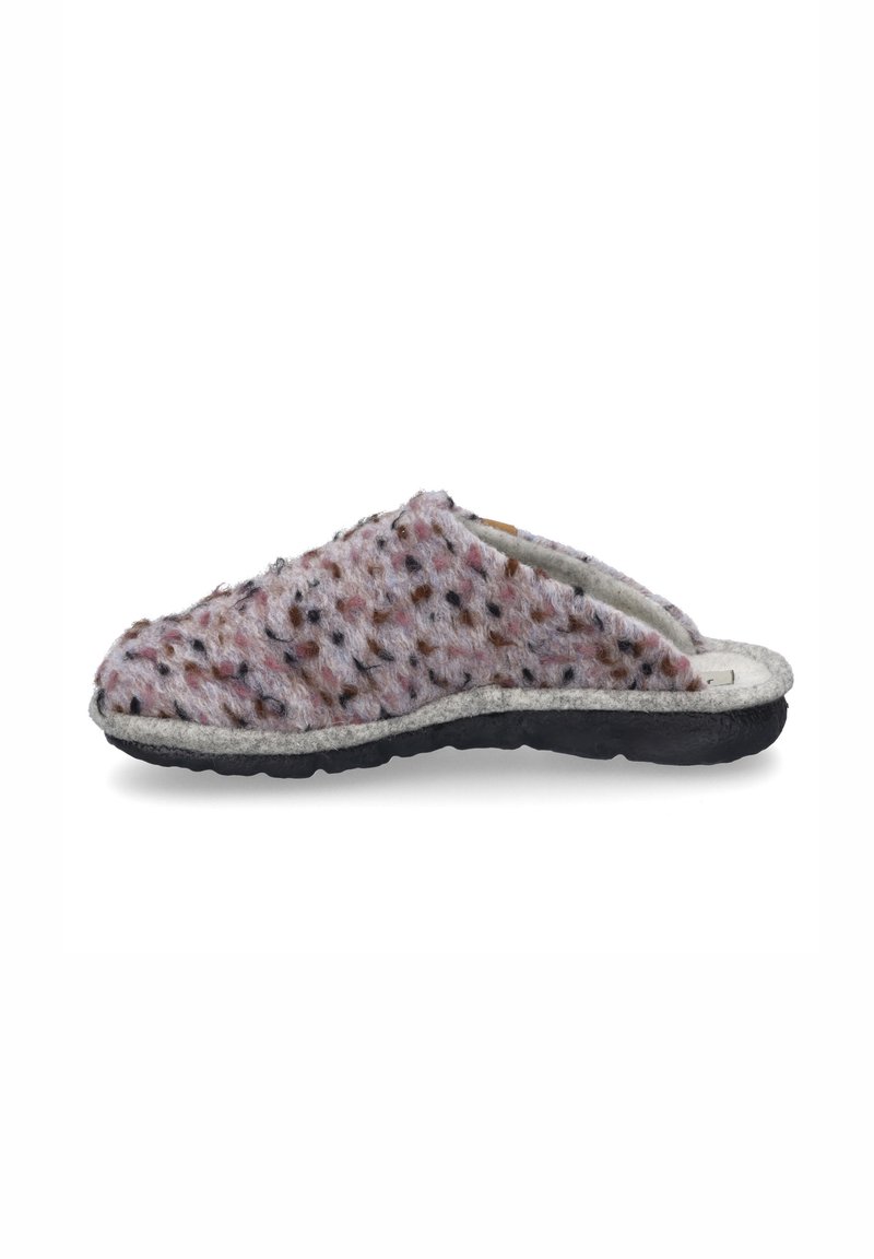 Pink and gray patterned wool slippers with an open back and light gray felt trim, featuring a textured surface and black rubber sole.