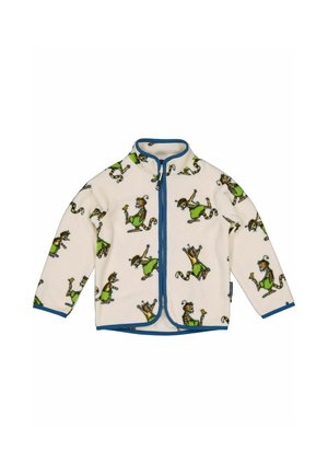 Fleecejakke i cremefarve med blå kant, med et gentaget mønster af farverige figurer i grøn og gul. Lukning med lynlås hele vejen foran.