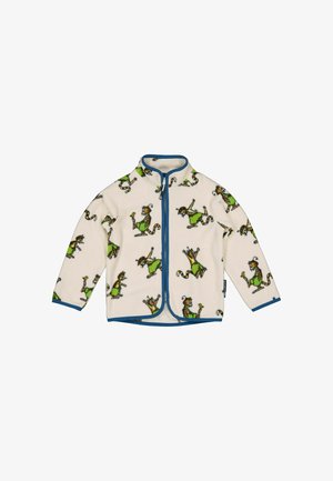 Vaahtomuovipusuinen takki kermansävyinen sinisillä reunoilla, jossa on toistuva kuvio värikkäistä hahmoista vihreinä ja keltaisina. Täysi etuvetoketjusulku.