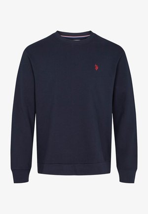 Marineblaues Sweatshirt mit Rundhalsausschnitt und langen Ärmeln, mit kleinem roten gesticktem Logo auf der linken Brust.