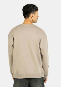 Hellbraunes Sweatshirt mit Rundhalsausschnitt, überschnittenen Schultern und gerippten Bündchen. Es besteht aus weichem Material und hat ein schlichtes Design ohne sichtbare Logos.