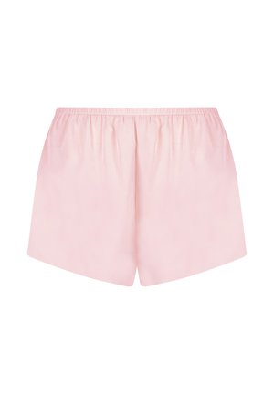 Roze shorts van gladde stof met een elastische tailleband, met een eenvoudige, rechte snit en zonder aanvullende versieringen.