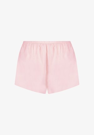 Roze shorts van gladde stof met een elastische tailleband, met een eenvoudige, rechte snit en zonder aanvullende versieringen.
