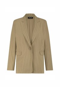 Beige blazer met verticale marineblauwe strepen, enkele knoopsluiting, twee voorkantas, geknipt revers en een gestructureerde pasvorm. Executive stijl.