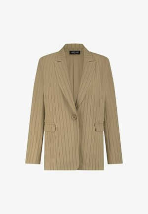 Beige blazer met verticale marineblauwe strepen, enkele knoopsluiting, twee voorkantas, geknipt revers en een gestructureerde pasvorm. Executive stijl.