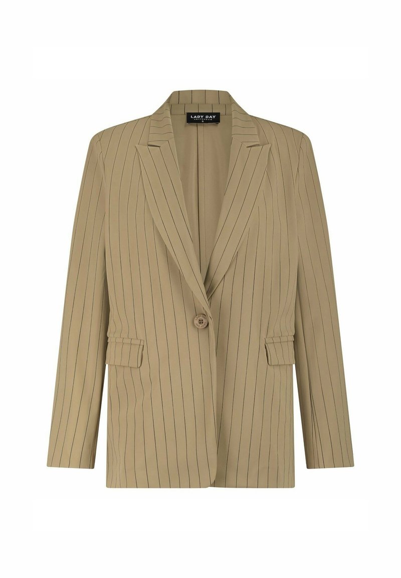 Beige blazer met verticale marineblauwe strepen, enkele knoopsluiting, twee voorkantas, geknipt revers en een gestructureerde pasvorm. Executive stijl.