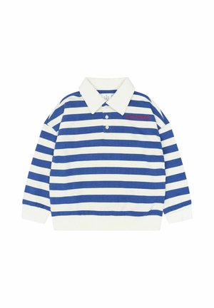 Polo à manches longues avec des rayures horizontales bleues et blanches, col et poignets blancs, et texte rouge "STUDIO" sur la poitrine.