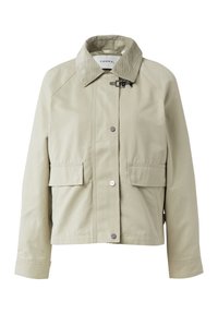Hellgrüne kurze Jacke mit Cord-Kragen, vorderen Knöpfen, zwei aufgesetzten Taschen und gesteppten Details. Glatte Stoffstruktur.