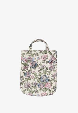 Blomster tote taske lavet af stof med en cremet baggrund og flerfarvede hortensia- og blade mønstre; inkluderer to top håndtag.