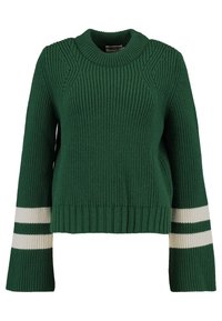 Maglione verde lavorato a maglia con un colletto alto e a coste. Presenta maniche ampie con strisce bianche e dettagli a trama sul corpo.