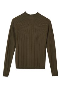 Maglione a maniche lunghe verde oliva in maglia a coste con colletto alto e righe verticali testurizzate.