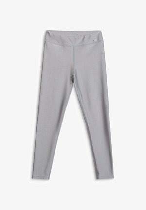 Jasnoszare legginsy na całej długości z wysokim stanem, bezszwowym wzorem i małą metalową metką marki blisko talii.