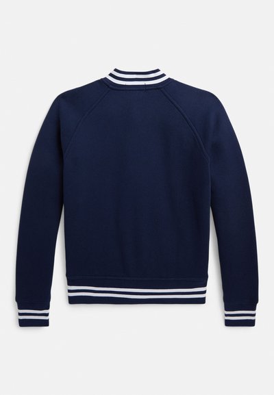 Marinblå sweatshirt med raglanärmar, ribbad randig krage och muddar, som har en slät textur och minimalistisk design.