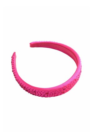 Rosa Kunststoff-Stirnband mit glatter Oberfläche; verziert mit kleinen, glänzenden Strasssteinen entlang einer Seite, leicht flexibel und gerundete Form.