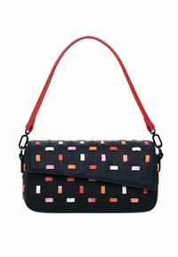 Schwarze gewebte Handtasche mit bunten rechteckigen Akzenten in Pink, Orange und Weiß. Verfügt über einen roten Schultergurt und ein klappbares Design.