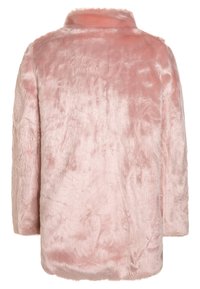 Abrigo de piel sintética rosa con una textura suave, que cuenta con un cuello y mangas largas. La parte posterior tiene un aspecto liso y uniforme.