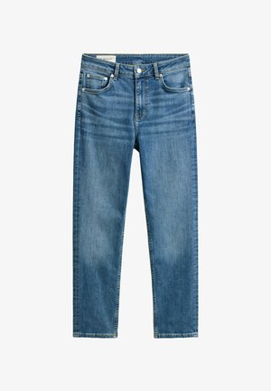 Jean droit bleu en denim avec poches avant et arrière, fermeture à bouton métal, et légers détails délavés sur les cuisses et genoux.