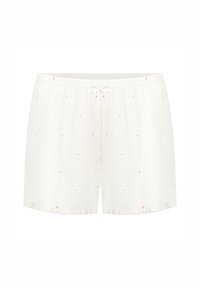 Λευκά σορτς με υφασμα με υφή που διαθέτει μικρά ροζ μοτίβα καρδιών. Έχουν ελαστική μέση και κορδόνι για ρύθμιση.