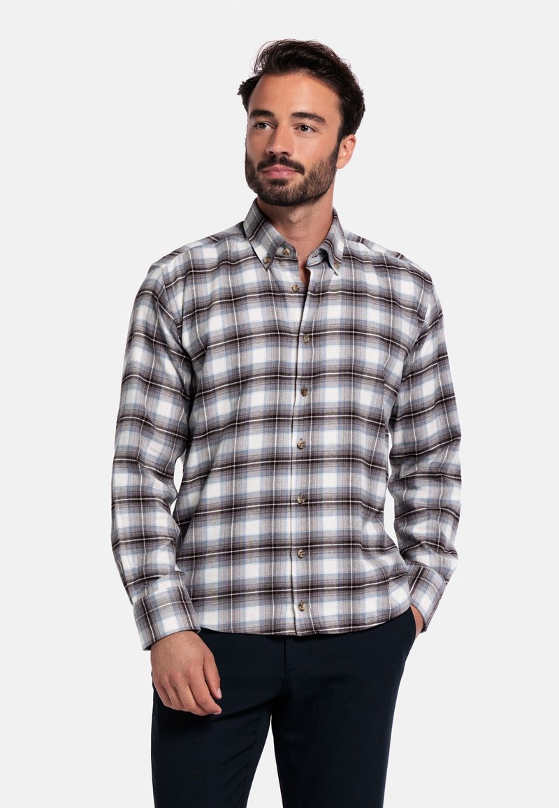 Bruine en blauwe geruite knoopshirt met een kraag, voorzien van een rechte snit en lange mouwen, gemaakt van geweven stof en versierd met knopen.