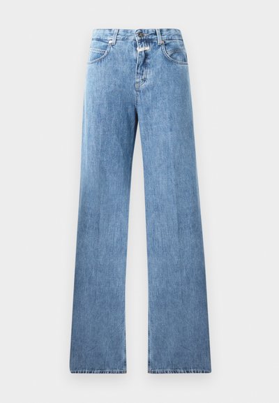 Light blue denim jeans with a wide-leg design, five pockets, belt loops, and a button closure. The fabric has a smooth texture.