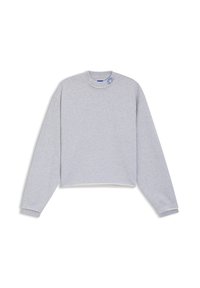 Ανοιχτό γκρι φούτερ crop με μακριά μανίκια, ριμπ μανσέτες, ακατέργαστο τελείωμα και μικρή μπλε κεντητή λεπτομέρεια κοντά στον γιακά.