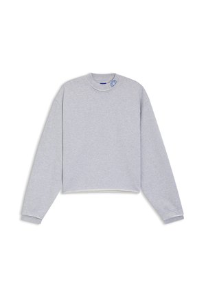 Lichtgrijze cropped sweatshirtt met lange mouwen, geribbelde manchetten, onafgewerkte zoom en een klein blauw geborduurd detail bij de kraag.