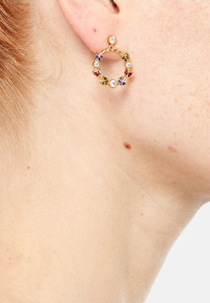 Orecchini a cerchio dorati presentano un design floreale con gemme colorate tra cui cristalli viola, rossi e trasparenti, fissati da un piccolo chiodino.