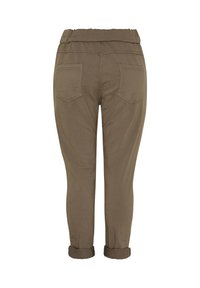 Khaki cropped bukser med en samlet talje, to baglommer, opkøllede kanter og en glat tekstur. Det enkle design fokuserer på komfort.