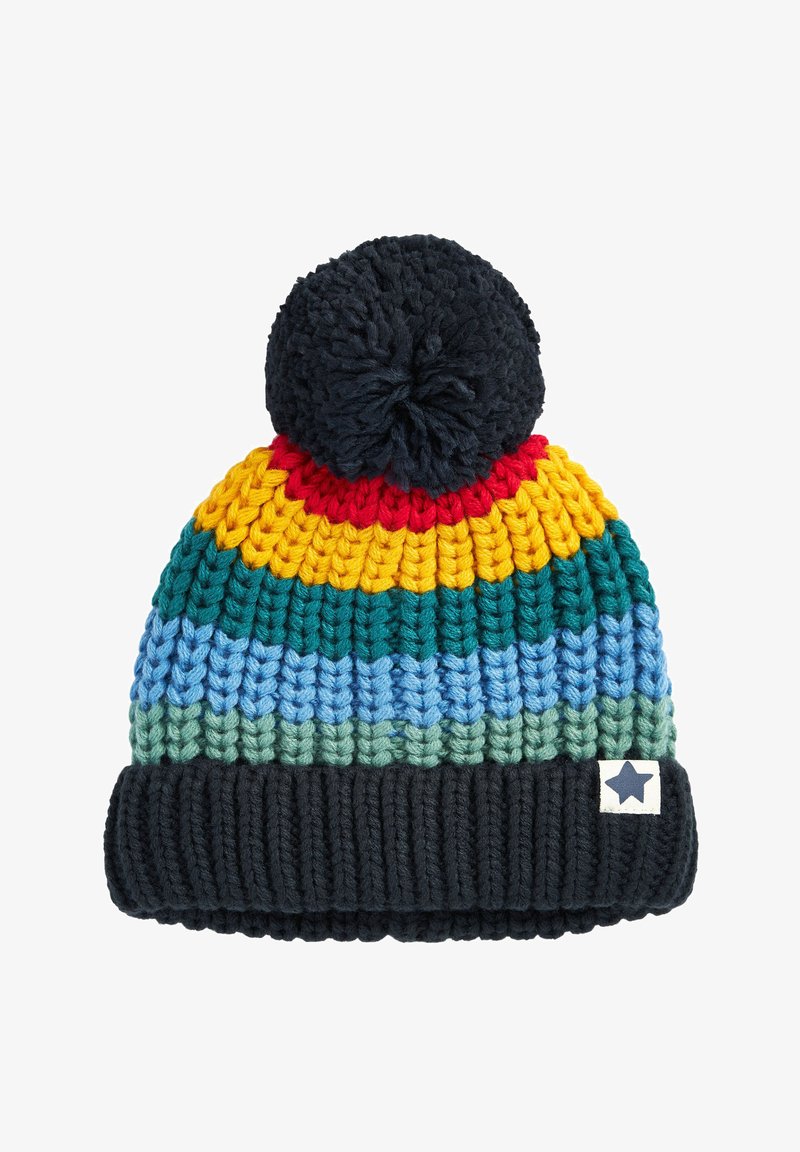Berretto Gallo Bambino Con Pompon - Rosso Tinta Unita, Risvolto Rigato Multicolor