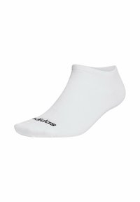 Chaussettes blanches à cheville en tissu doux, avec un rebord côtelé et un texte de logo noir sur le côté. Design simple et sans couture.