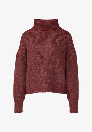 Bordeauxfarbener Strickpullover mit hohem Rollkragen, lockerem Schnitt und gerippten Bündchen. Strukturmuster mit leicht übergroßer Silhouette.