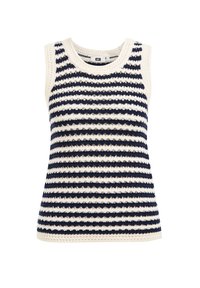 Marinblå och vit randig ärmlös stickad topp med rund hals, utrustad med ett texturerat mönster och en lös passform.