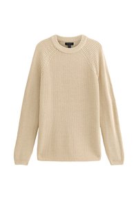 Beżowy sweter z dzianiny z okrągłym dekoltem, struktura ribbed oraz rękawami raglanowymi. Projekt jest luźny z prostym dołem.