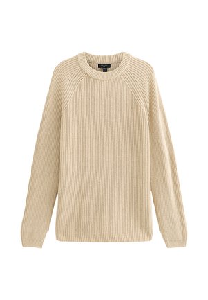 Suéter de punto beige con cuello redondo, textura acanalada y mangas raglán. El diseño es de corte holgado con un dobladillo inferior recto.