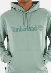 Felpa verde chiaro realizzata in tessuto morbido, con logo "Timberland" e icona dell'albero ricamati. Include una tasca a marsupio e cappuccio regolabile con cordino.