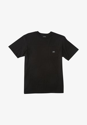 T-shirt noir en coton à manches courtes avec un col rond et une petite poche poitrine avec un écusson logo blanc.