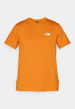 Orange short-sleeve t-shirt made of cotton, featuring a small white logo on the left chest. Round neckline and straight hem.