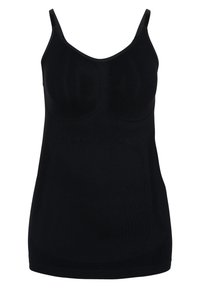 Schwarzes Tanktop mit dünnen Trägern, geripptem Struktur und figurbetontem Design. Hergestellt aus weichem Material, mit glatter Oberfläche und ohne sichtbare Hardware.