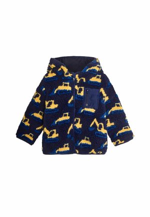 Navy blue fleece jacket with yellow and blue construction vehicle patterns, featuring a zip front and a chest pocket. Soft texture and hooded design.